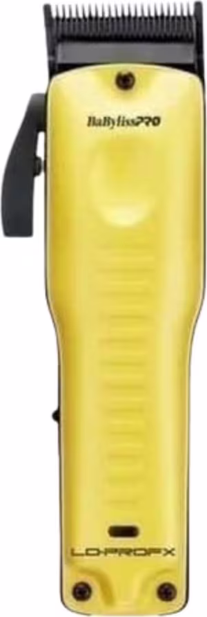 Máquina de cortar cabelo BaBylissPRO. Corpo principal amarelo brilhante. Lâmina de corte preta na parte superior. Logotipo "BaBylissPRO" impresso no corpo. Aparência compacta e projetada para uso profissional em salões de beleza e barbearias.