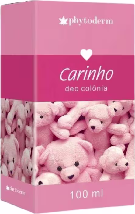 Caixa de deo colônia Carinho da marca Phytoderm. A embalagem é uma caixa retangular de cor rosa escuro e rosa claro.  Na parte inferior, há uma imagem de vários ursinhos de pelúcia rosa.