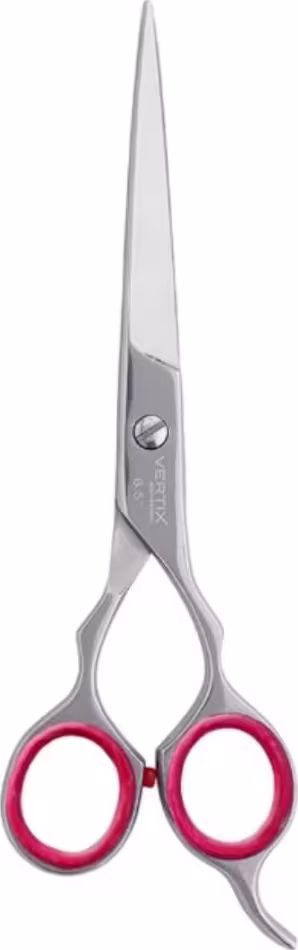 As tesouras de corte de cabelo da Vertix apresentam um design elegante e moderno. Elas possuem um corpo metálico prateado com detalhes em vermelho nos anéis de apoio para os dedos.