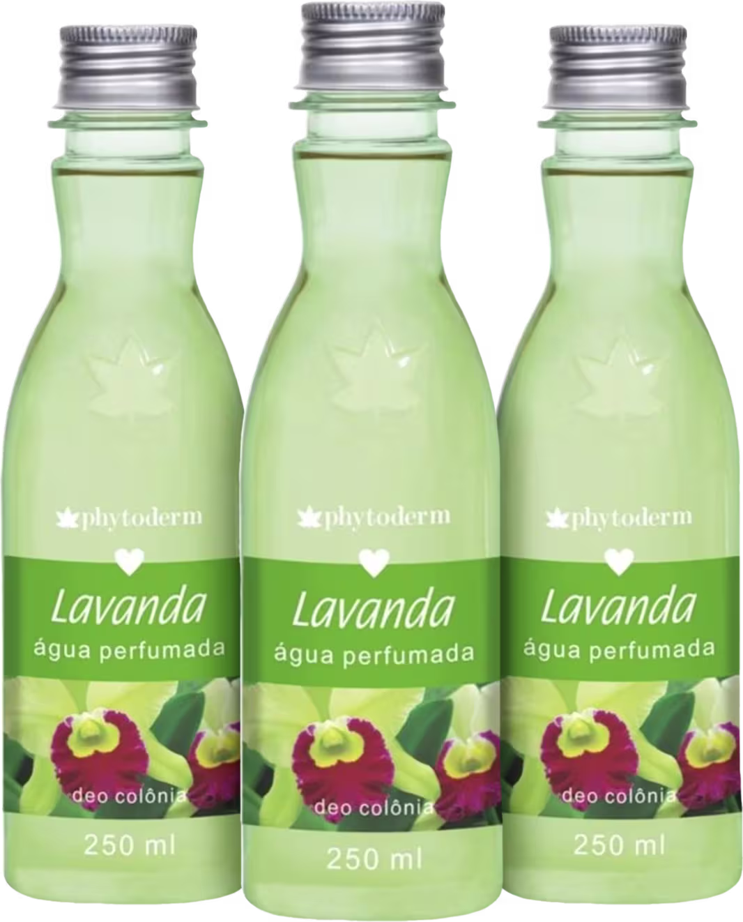 São três frascos de água perfumada de lavanda da marca Phytoderm. Os frascos tem formato de garrafa com um líquido verde claro e têm tampas de metal prateadas rosqueadas. Cada frasco tem uma capacidade de 250ml indicada na parte inferior.