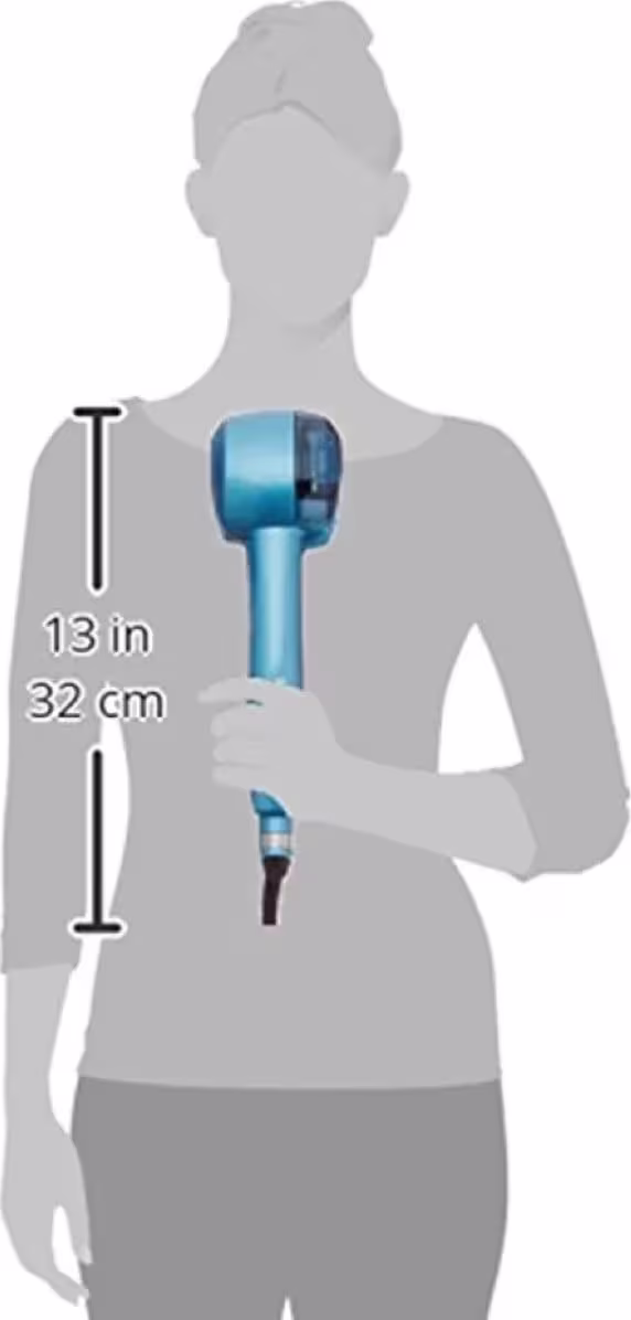 A imagem mostra uma silhueta cinza representando uma pessoa segurando o modelador para ilustrar seu tamanho aproximado de 32 cm ou 13 polegadas.