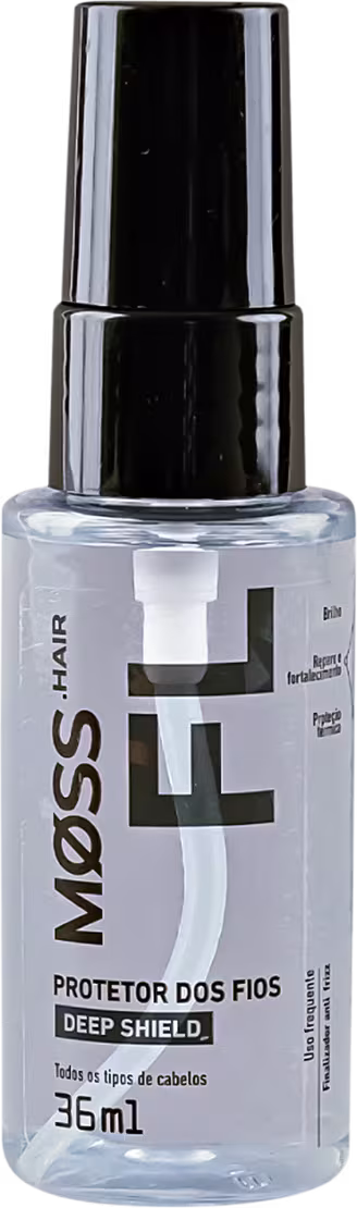 A imagem mostra um frasco do Reparador de Pontas da linha Deep Shield da marca Moss. O frasco é transparente com design minimalista e moderno com letras pretas e tem capacidade de 36ml. O óleo reparador é incolor.