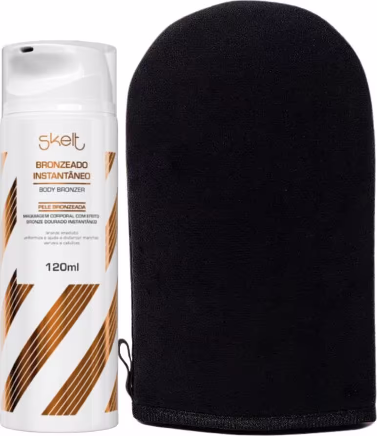 Bronzeado instantâneo Skelt em frasco de 120ml, com design gráfico em tons de laranja e branco. Acompanha luva de aplicação preta.
