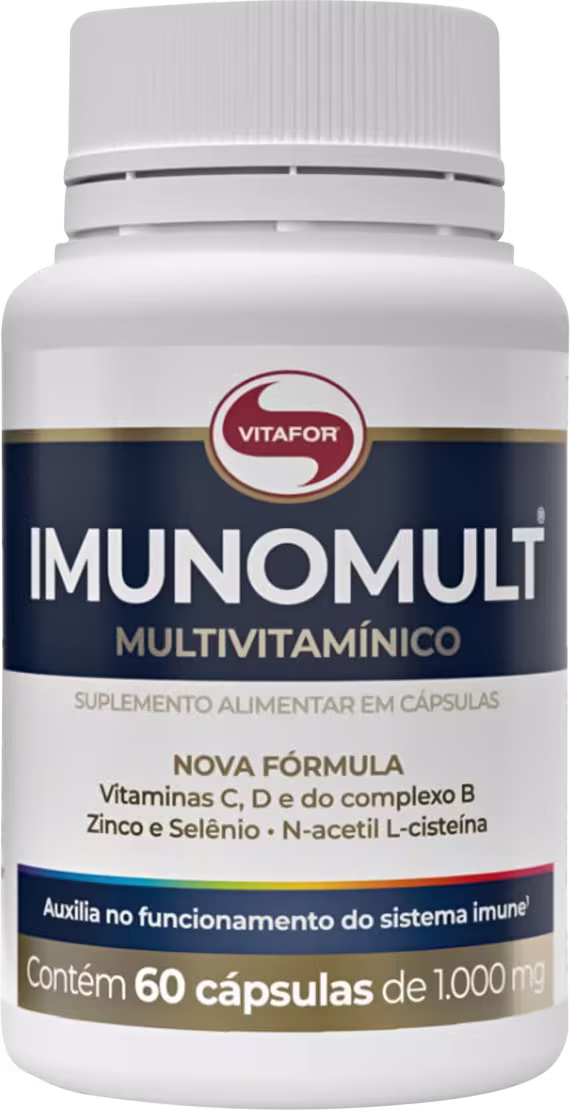 Frasco branco contendo 60 cápsulas de 1.000 mg do suplemento alimentar multivitamínico Imunomult da Vitafor.