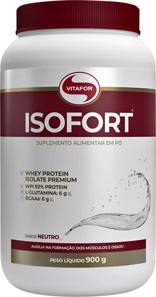 Frasco branco com tampa vermelha da marca Vitafor, contendo suplemento alimentar em pó chamado Isofort, com informações sobre sua composição de proteína isolada de soro de leite e aminoácidos.