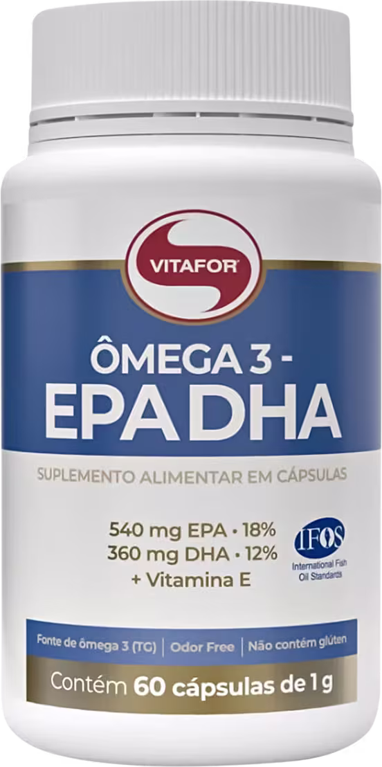 Suplemento alimentar em cápsulas Vitafor Ômega 3 - EPA DHA, contendo 540 mg de EPA e 360 mg de DHA, com vitamina E, em embalagem branca e azul.