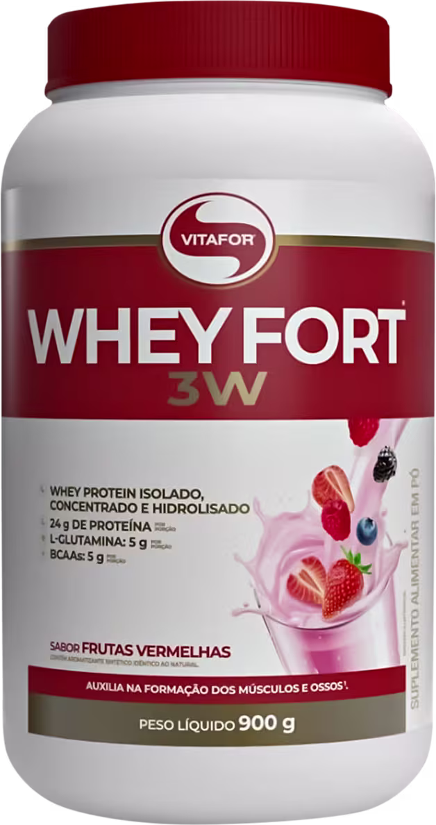 Frasco branco com tampa vermelha da marca Vitafor, contendo "Whey Fort 3W", um suplemento de proteína de soro de leite com sabor de frutas vermelhas, com 24g de proteína por porção.