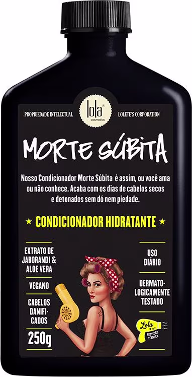 A imagem mostra o frasco preto retangular do condicionador hidratante. Possui tampa preta rosqueável e rótulo em detalhes brancos e amarelos. É possível ver uma ilustração de uma mulher com uma bandana e um secador amarelo na mão.