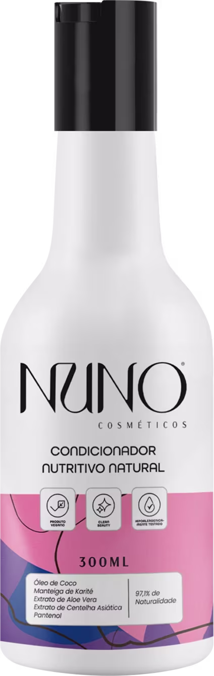 A imagem mostra um frasco de condicionador da marca Nuno Cosméticos Naturais. Ele é branco com detalhes em preto na tampa e no rótulo. Sua capacidade é de 300ml.