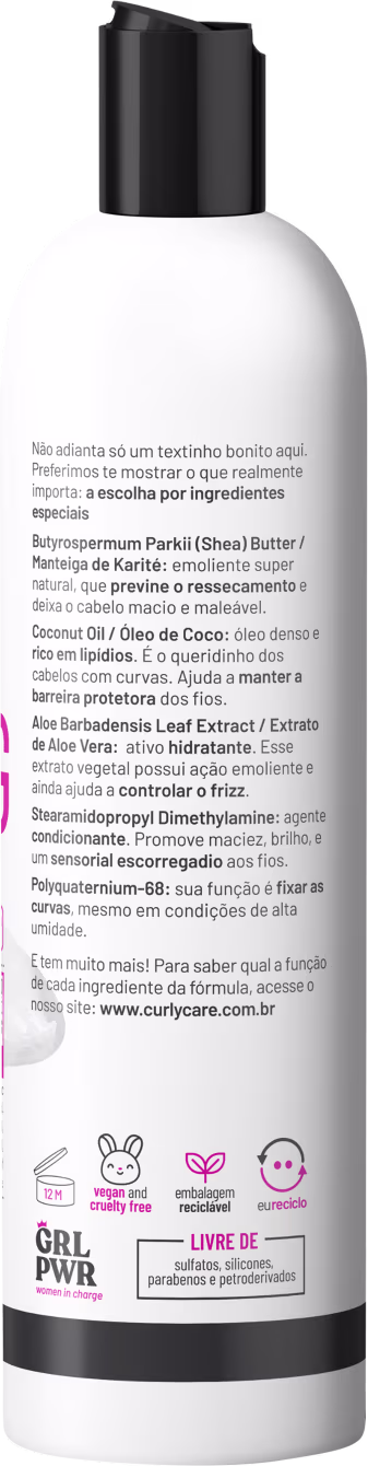 Produto de cuidado capilar em embalagem plástica branca cilíndrica com tampa preta. A embalagem apresenta rótulos em português com informações sobre os ingredientes e benefícios do produto.
