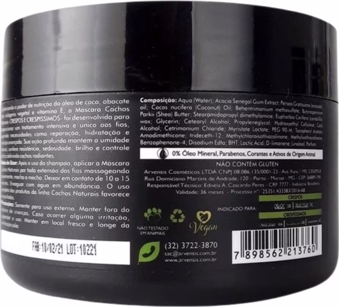 Máscara capilar Cachos Naturais Crespos e Crespíssimos de Arvensis. Volumetria 250g