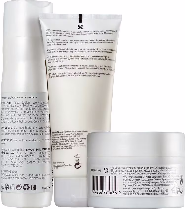 Verso das embalagens do shampoo, condicionador e máscara capilar Oil Reflections da marca Wella Professionals.