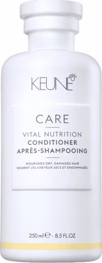 Frasco branco de condicionador da linha Care da marca Keune, com rótulo em destaque indicando "Vital Nutrition Conditioner". O produto é apresentado em embalagem de 250 ml.