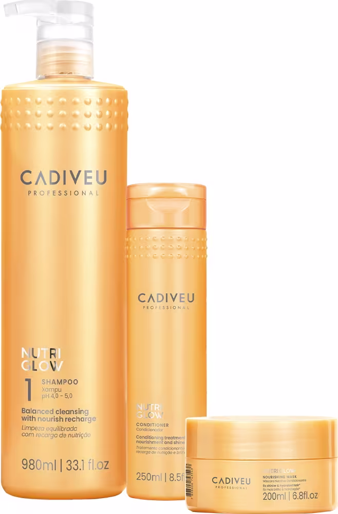 Conjunto de produtos Cadiveu Professional, incluindo um frasco de shampoo de 980ml, um frasco de condicionador de 250ml e um pote de máscara de 200ml, da linha Nutri Glow