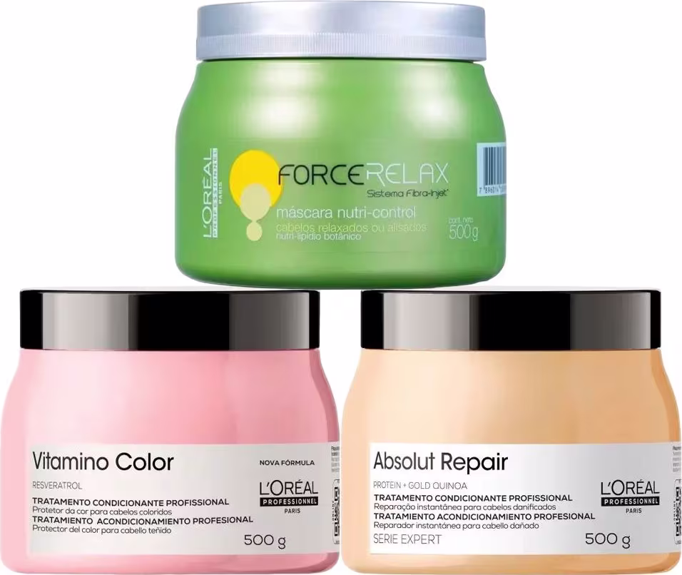 Três máscaras capilares. A primeira é um pote verde de 500g chamado "Force Relax", descrito como uma "máscara nutri-control". Os outros dois de 500g cada, um rosa intitulado "Vitamino Color" e um bege chamado "Absolut Repair Protein + Gold Quinoa".