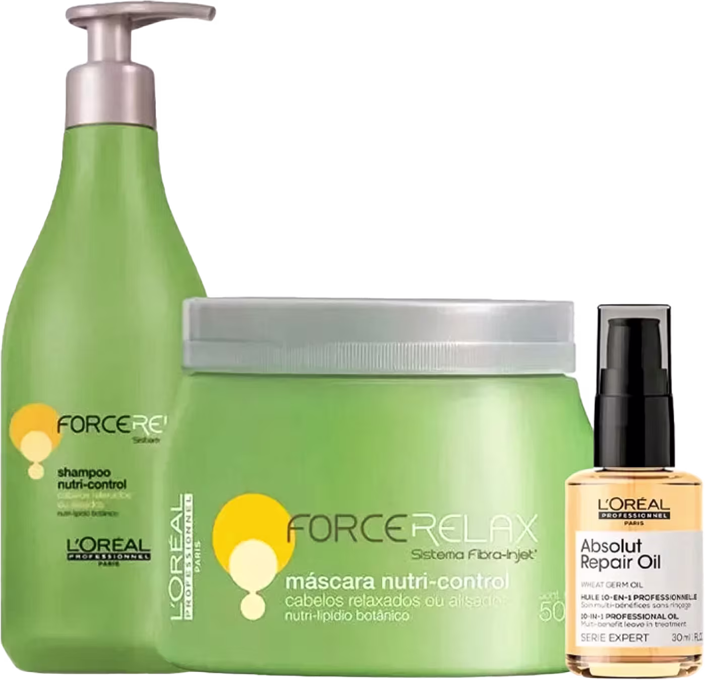 Três produtos de cuidados capilares. O primeiro é um shampoo nutri-control da linha Force Relax. O segundo é uma máscara nutri-control da mesma linha. O terceiro produto é um óleo reparador Absolut Repair Oil da linha Serie Expert.
