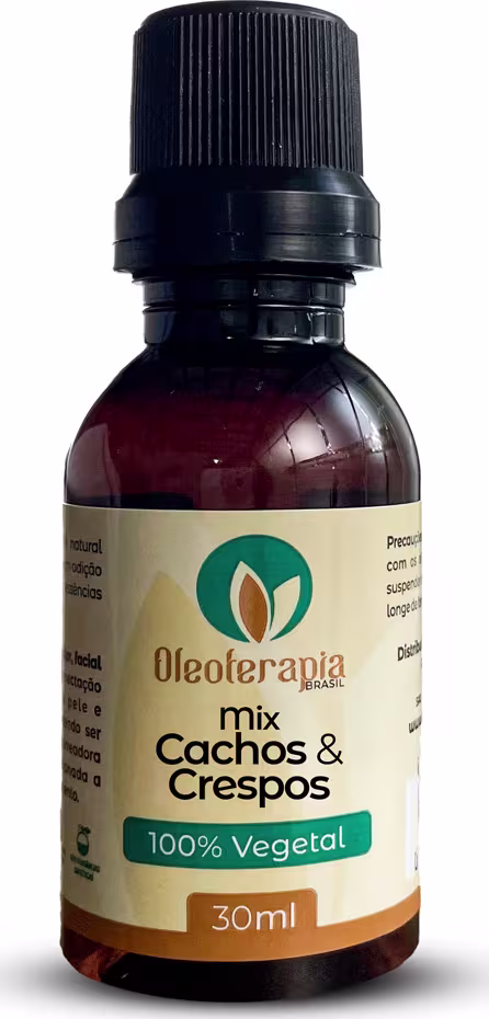 O produto apresentado é um frasco de 30ml da linha "Mix Cachos & Crespos" da marca Oleoterapia Brasil. O frasco possui um design cilíndrico com tampa preta e rótulo verde e amarelo, indicando que se trata de um produto 100% vegetal.