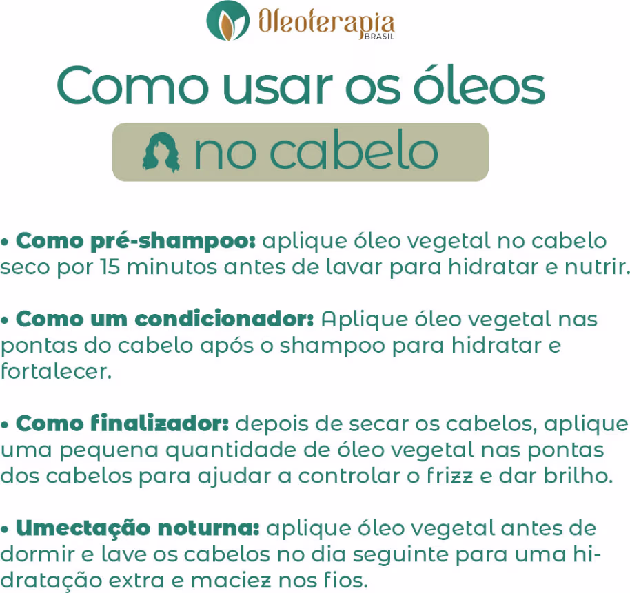 A imagem apresenta informações de como usar óleos vegetais no cabelo, de acordo com a marca Oleoterapia. O texto fornece instruções para aplicar o óleo vegetal em diferentes etapas da rotina de cuidados, como pré-shampoo, condicionador e finalizador