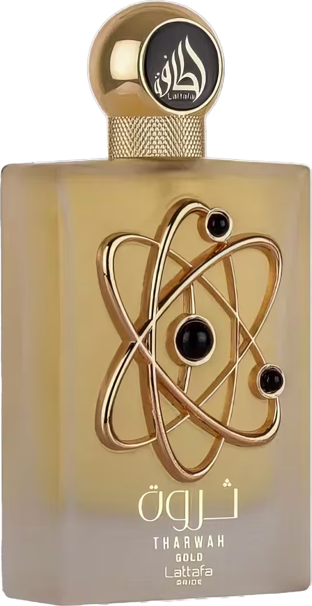 Frasco de perfume dourado da marca Lattafa, com design moderno e detalhes em preto. O rótulo apresenta o nome "Tharwah Gold" em árabe e em inglês, além de um símbolo atômico estilizado.