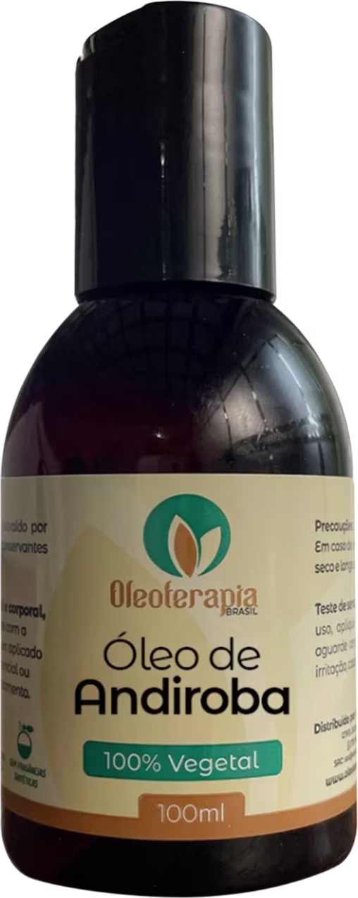 O produto apresentado é um óleo de Andiroba da marca Oleoterapia Brasil, "100% Vegetal" e o volume de 100ml.
