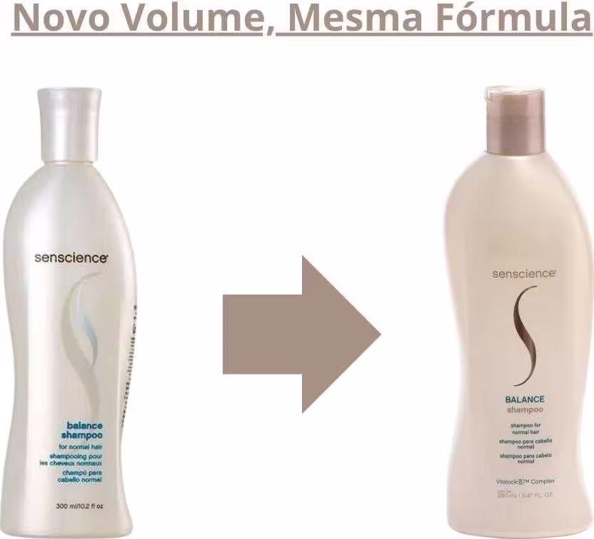 A imagem mostra um versão antiga do frasco do shampoo e como é agora.