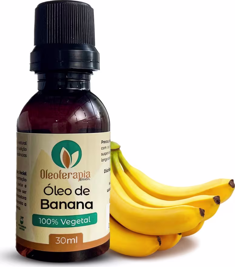 O produto apresentado é um frasco de Óleo de Banana da marca Oleoterapia Brasil. Ao lado do frasco, há um cacho de bananas amarelas.