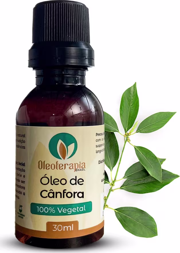 O produto apresentado é um frasco de Óleo de Cânfora da marca Oleoterapia Brasil. Ao lado do frasco, há folhas verdes que complementam a apresentação do produto.