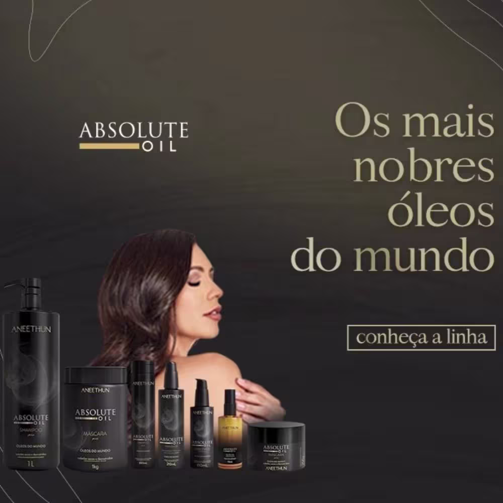 A imagem mostra a linha completa, atrás uma modelo posa de perfil com cabelos sedosos. O texto diz "os mais nobres óleos do mundo".
