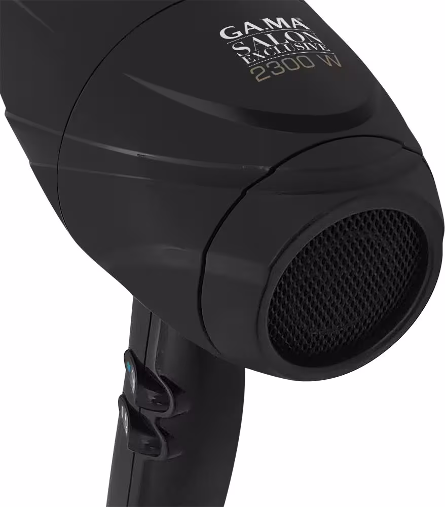 Secador de cabelo profissional preto. Corpo alongado em plástico preto fosco com nome em dourado. Possui botões de controle, luz azul e empunhadura texturizada.