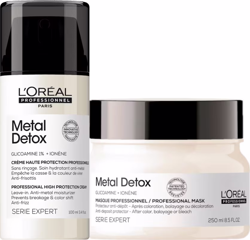 Dois produtos de tratamento capilar da linha Metal Detox da L'Oréal Professionnel. Um é um creme contendo glucoamina e ionene, com a função de proteção anti-frizz e prevenção de danos. O outro produto é uma máscara capilar.