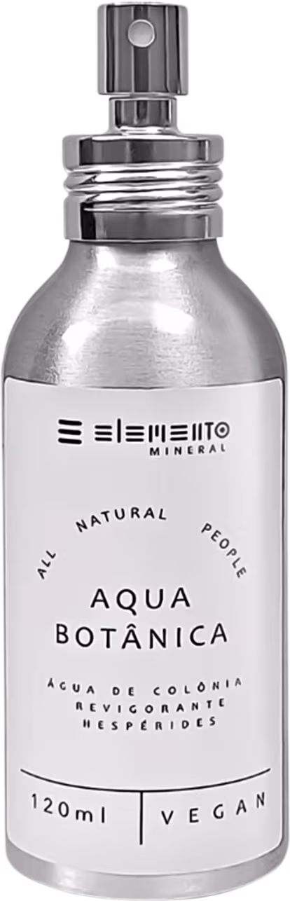 A imagem mostra um frasco de 120ml de água de colônia vegana chamada "Aqua Botânica" da marca brasileira Elemento Mineral. Ele é prateado e tem design minimalista, com o rótulo contendo o nome do produto.