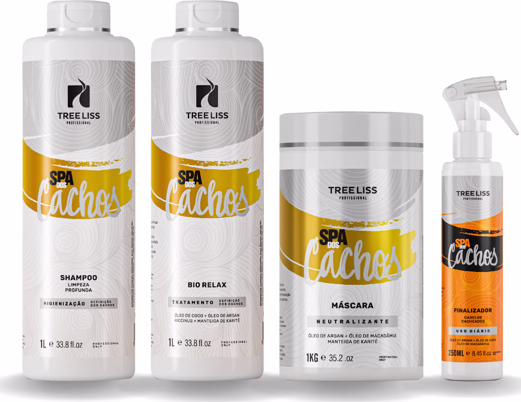 Produtos de tratamento capilar TreeLiss Profissional da linha "Spa dos Cachos". Inclui dois frascos de 1 litro de shampoo e tratamento. Uma embalagem de 1kg de máscara capilar neutralizante, e um frasco de 250ml de finalizador em spray.