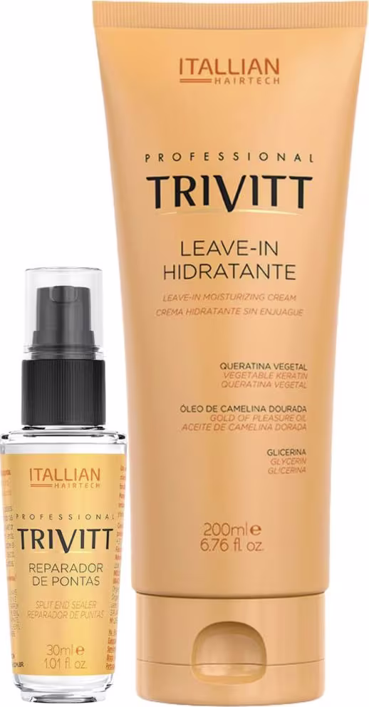 Um frasco de 30ml do "Reparador de Pontas" e um tubo de 200ml do "Leave-in Hidratante".