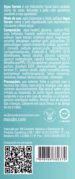 A imagem mostra o verso da caixa do Aqua Serum com informações sobre o produto, ingredientes, modo de uso e selos de certificação como "eureciclo" e "não testado em animais".