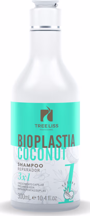 Produto de cabelo TreeLiss Profissional Bioplastia Coconut Shampoo reparador 3 em 1. Frasco plástico transparente 300ml. Rótulo turquesa com logotipo marrom da marca TreeLiss e texto descrevendo o produto.