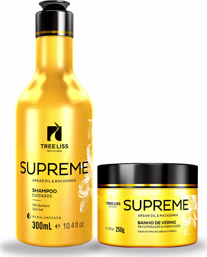 Produtos de cuidados capilares TreeLiss Profissional Supreme. Um shampoo em frasco amarelo de 300ml com tampa preta e rótulo preto. Um banho de verniz em pote amarelo de 250g com tampa preta e rótulo preto.