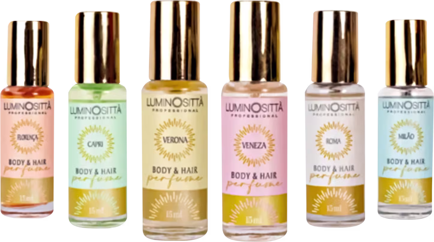 Seis unidades de perfume para cabelo e corpo, cada um contendo 15ml de conteúdo. Cada frasco é dourado, com rótulos coloridos e elegantes.