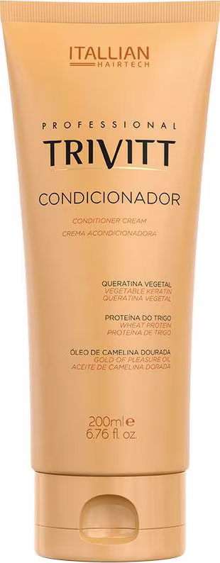 Condicionador cremoso profissional Trivitt da marca Italian Hairtech. Embalagem tubular de plástico na cor bege.