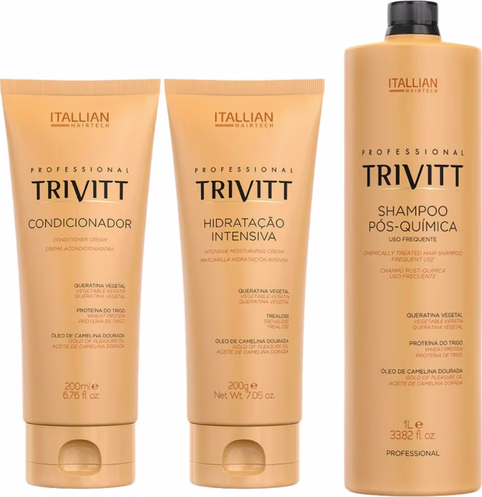 Produtos de cuidado capilar da marca Itallian Hairtech. Um shampoo pós-química em frasco plástico laranja de 1 litro. Dois tubos de creme: um condicionador de 200ml e uma hidratação intensiva de 200g, ambos na cor bege.