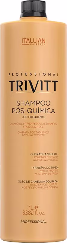 Shampoo pós-química da marca Trivitt, linha profissional italiana. Embalagem plástica amarela opaca com detalhes em preto.
