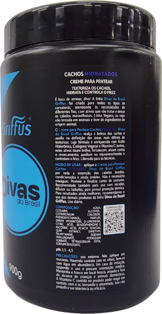A imagem mostra a lateral do pote do creme de pentear. A parte é toda preta e traz os selos que a fórmula possui.