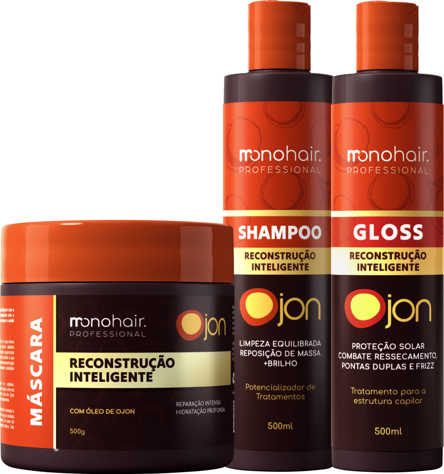 Shampoo, Gloss e Máscara Monohair Professional Ojon Reconstrução Inteligente.