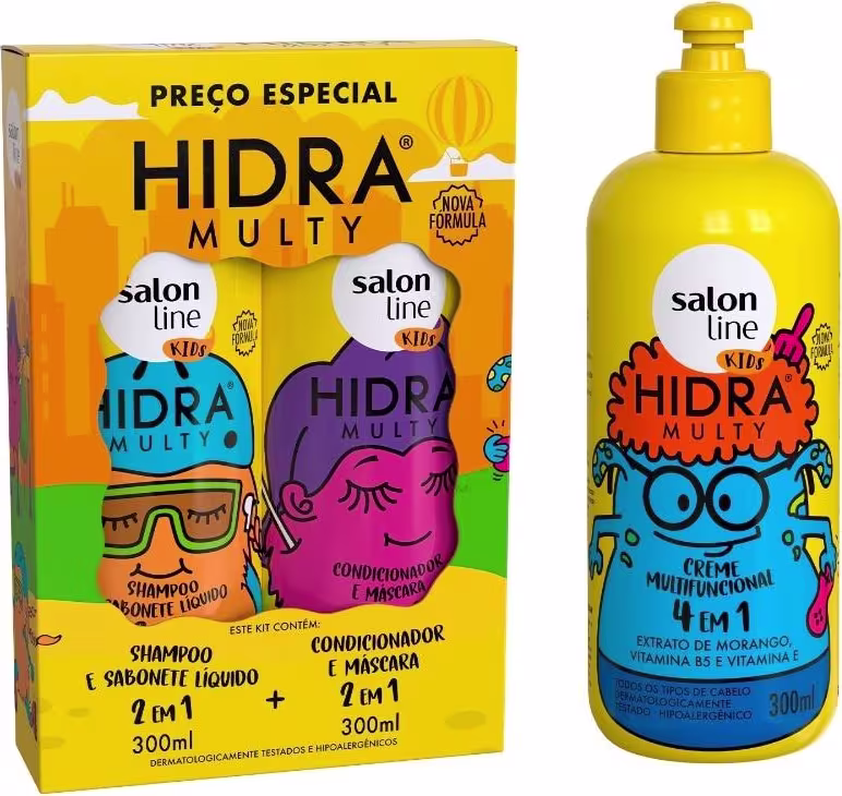 Produtos infantis de cuidados capilares Salon Line Hidra Multy. Caixa amarela com imagens de personagens infantis coloridos, contendo shampoo e condicionador líquido 2 em 1 de 300ml cada.