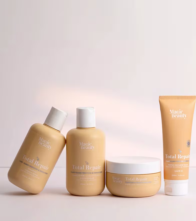 Linha Magic Beauty Total Repair completa com shampoo, condicionador, máscara e leave-in
