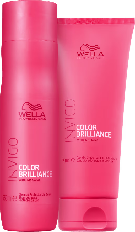 A imagem mostra um shampoo em embalagem cilíndrica rosa de 250ml e um condicionador em embalagem tubular rosa de 200ml. Ambos possuem o logotipo da Wella e a inscrição "Color Brilliance with Lime Caviar".