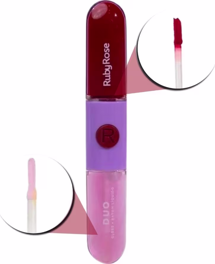 Batom duo em embalagem cilíndrica. Na parte superior um batom líquido em tom vermelho. Na parte debaixo um gloss. Tanto o batom quanto o gloss possuem aplicador típico de batons líquidos.