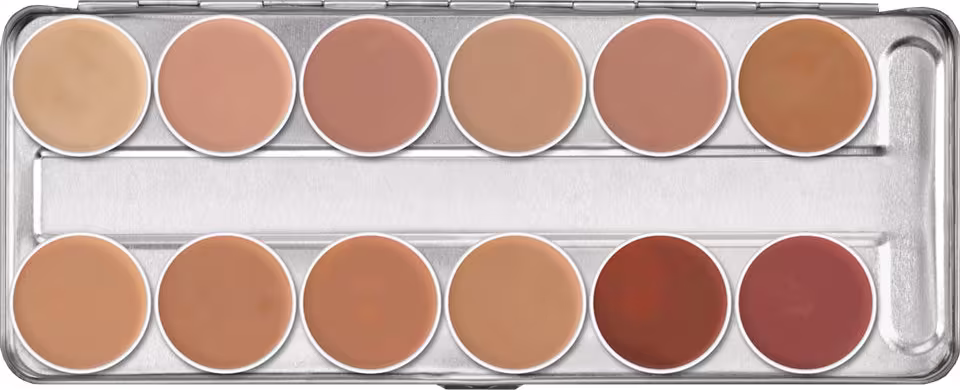 Paleta de corretivos Kryolan com 12 tons de cores variadas, em embalagem prateada com divisões circulares para cada tom.