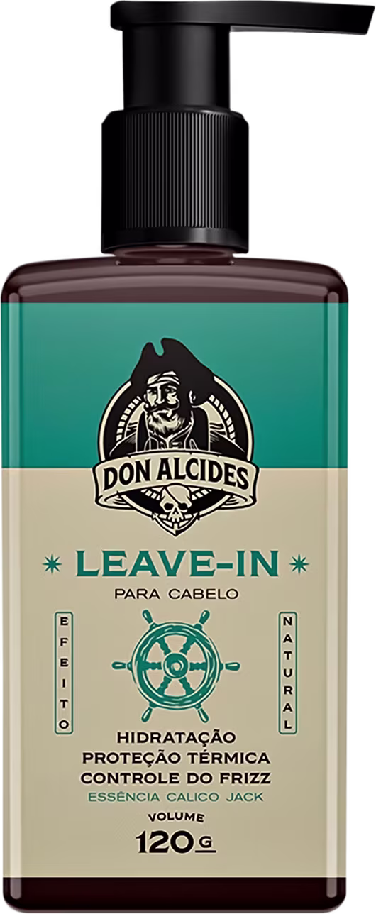 O produto é um leave-in da marca Don Alcides, em embalagem plástica com bomba dosadora, com rótulo verde e bege destacando os benefícios de hidratação, proteção térmica e controle do frizz.