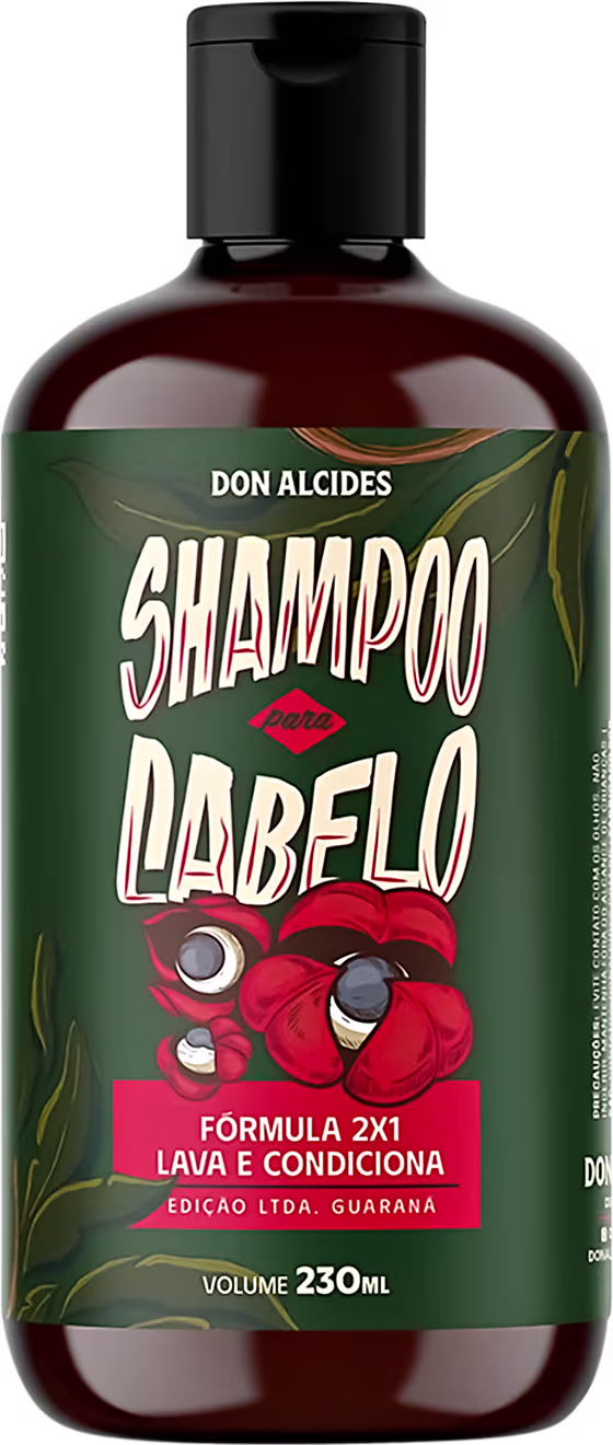 Frasco de shampoo da marca Don Alcides, com 230 ml de volume, apresentando rótulo verde com ilustração de flor vermelha e texto "Shampoo para Cabelo" em destaque.