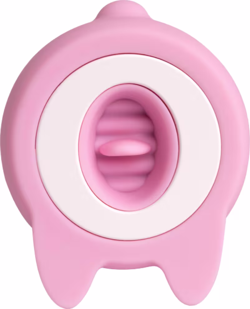 O produto apresentado é um vibrador rosa em formato anatômico, com uma superfície lisa e arredondada. Possui uma abertura central e uma base mais larga na parte inferior.